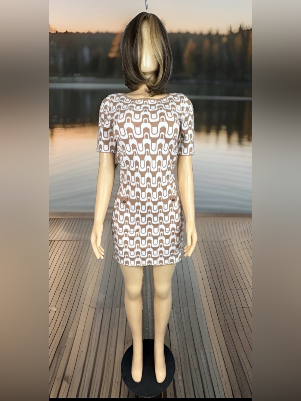 Nicole Miller New York Dress Beige Geometric Knit Shift Pockets Women XS/TP NWT